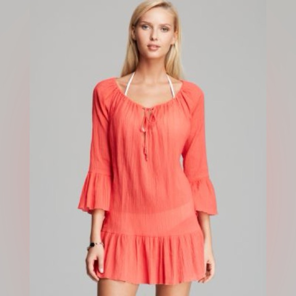 Polo Ralph Lauren Women’s L Playa Gauze Casey Ruffle Tunic Swim Cover-Up Orange